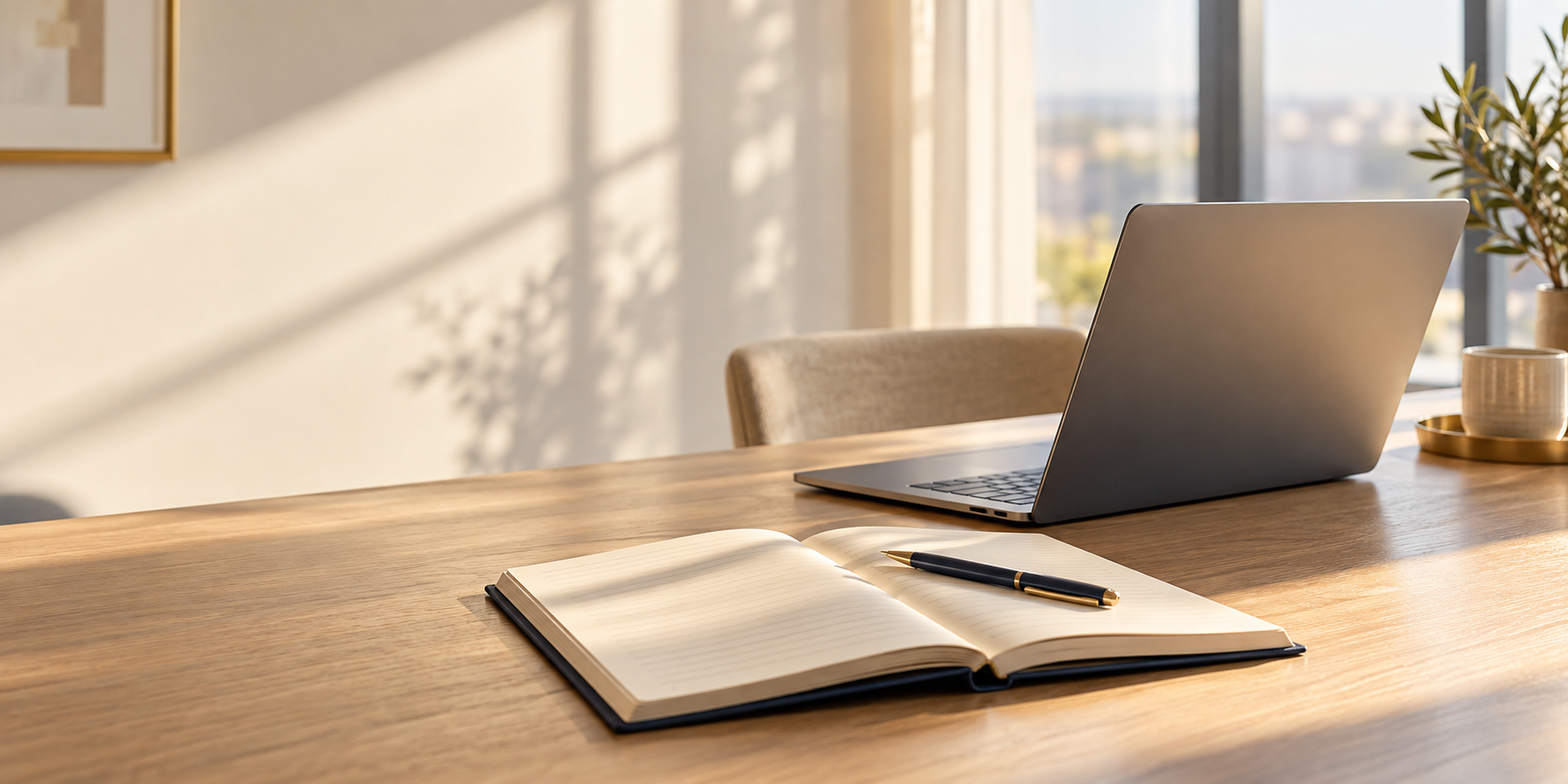 Mesa iluminada com notebook, caderno aberto, xícara de café e plantas